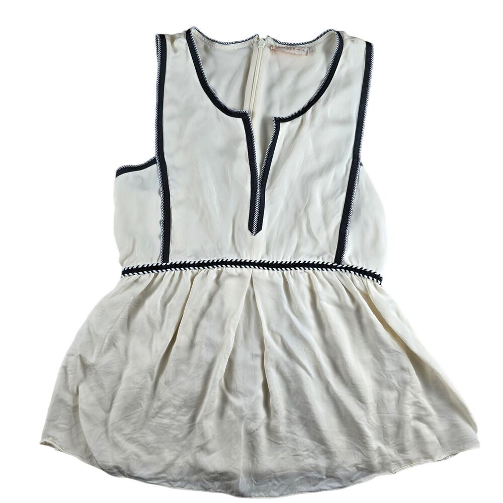 Tory Burch Silk Cream Black Trim Sleeveless Scoop Neck Lined Blouse Ivory Top 6